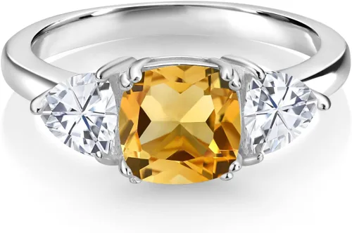 Miniatura 5 de 925 Sterling Silver Gemstone Birthstone and White Moissanite 3-Stone Engagement Ring for Women 7MM Cushion and 5MM Trillion Accents Three Stone