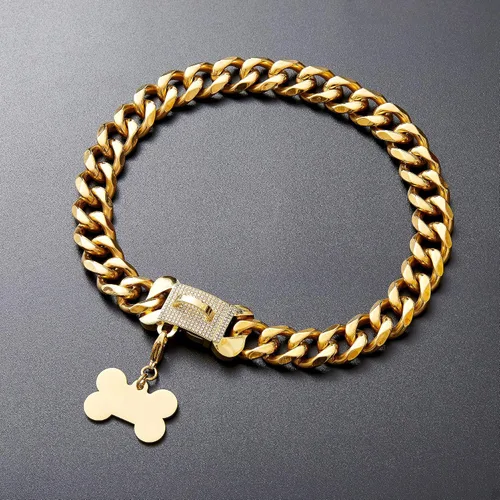 Miniatura 5 de Collar de acero inoxidable con eslabones de oro cubano resistente para perros pequeños, medianos y grandes, collar de perro de bulldog francés