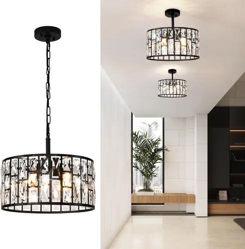 Moderna y elegante lámpara colgante de cristal, acabado negro mate, lámpara colgante de cristal para sala de estar, isla de cocina y entrada