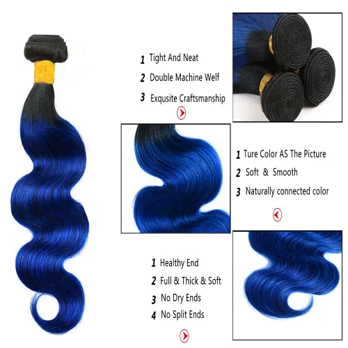 Miniatura 3 de Paquetes de cabello humano ondulado azul de dos tonos de raíces negras a azules, paquetes de cabello humano brasileño 1B/azul, paquetes de cabello