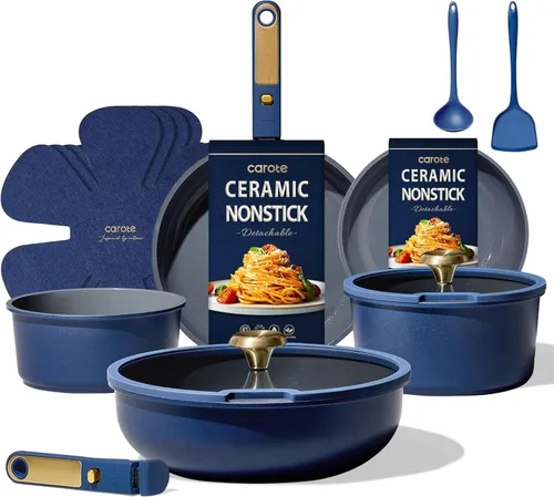 CAROTE Juego de utensilios de cocina de cerámica azul y dorado, no tóxico, sin PFAS, juego de 15 ollas y sartenes antiadherentes, mango