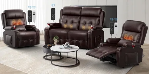 Miniatura 38 de Sofá reclinable de dos plazas, sofá reclinable de masaje de gran capacidad, silla de dos plazas para RV con espacio de almacenamiento, portavasos