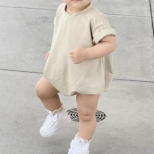 Miniatura 2 de AEEMCEM Unisex Baby Boy Girl Solid Color Short Sleeve Bubble Romper Oversized T-Shirt Romper Bodysuit Top Summer Clothes