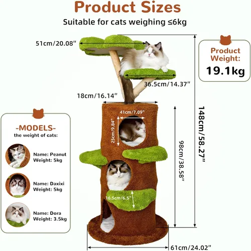 Miniatura 5 de Torre moderna para gatos: árbol para gatos grandes de 58 pulgadas de alto con varios condominios – Casa de árbol de madera para interiores
