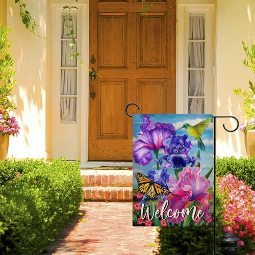 Miniatura 6 de Hzppyz Bandera de bienvenida para jardín de colibrí de primavera de doble cara, flor morada, pájaro amarillo, mariposa, decorativa, casa, patio