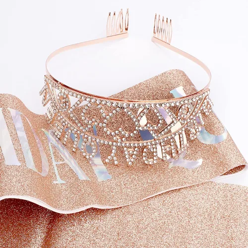 Miniatura 7 de CIEHER Kit de banda y tiara de diamantes de imitación para cumpleaños, corona de oro rosa con peines para mujer, elegante tiara de princesa