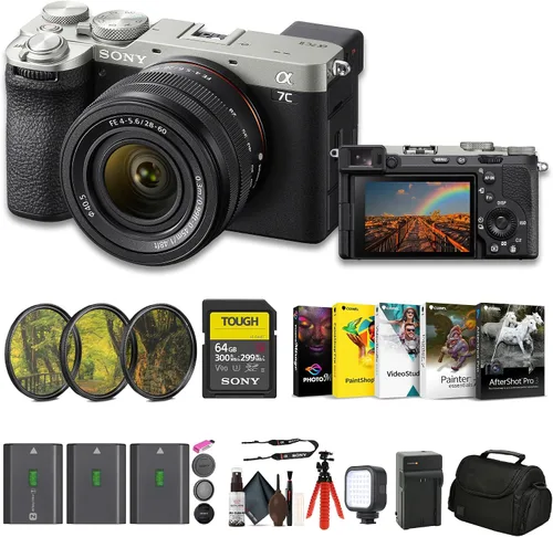 Sony Alpha 7C II - Cámara de lente intercambiable de marco completo sin espejo, color plateado con lente de 1.102-2.362 in (ILCE-7CM2L/S) + tarjeta