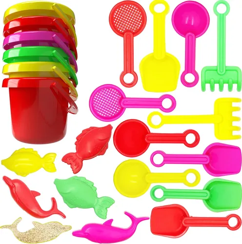 The Dreidel Company Mini juegos para el día de la playa (paquete de 6) 3.25 pulgadas, cubo de arena que incluye cubo, pala, rastrillo, cuchara de