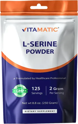 Vitamatic L-Serine - Polvo puro de 8.82 oz | 2000 mg por porción | 125 porciones | Sin sabor | Sin aditivos | Libre de soja, huevos, pescado e