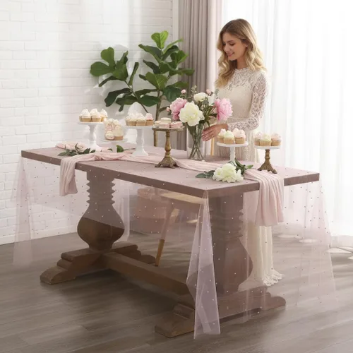 Miniatura 3 de Mantel de encaje rosa con perla de 55 x 55 pulgadas, funda de mesa de tela de tul transparente para decoración de arco de boda, cumpleaños, fiesta