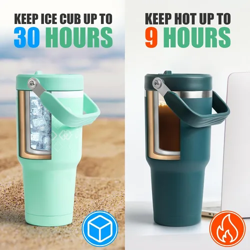 Miniatura 3 de Vaso de 30 onzas con tapa y pajita, vasos de acero inoxidable con aislamiento al vacío con pajita plegable y asa superior, botella de agua aislada