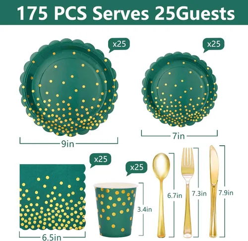 Miniatura 2 de 175 piezas de decoración de fiesta verde y dorada - Suministros de fiesta con platos y servilletas verdes - Platos de papel festoneados