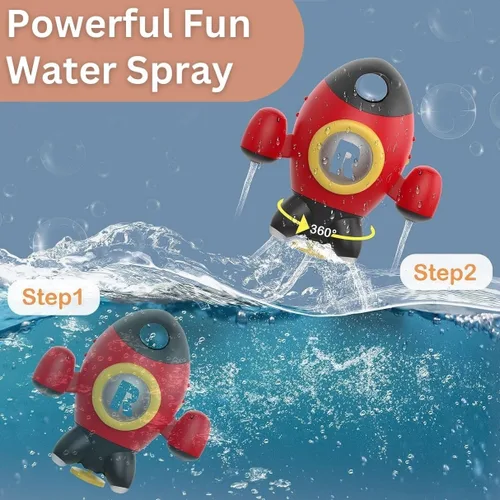 Miniatura 3 de Juguetes de baño para bebés, juguetes de bañera con forma de cohete espacial para niños pequeños, juguetes de agua con fuente giratoria, juguetes