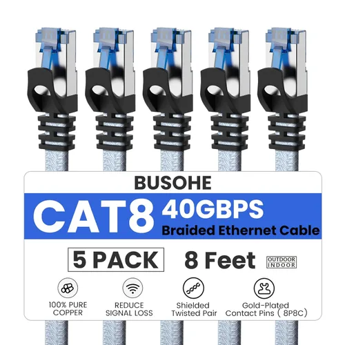 BUSOHE Cable Ethernet Cat 8 de 8 pies 5 Pack, cable para conexión de red LAN de nailon trenzado de alta velocidad, cable plano aislado de 40 Gbps