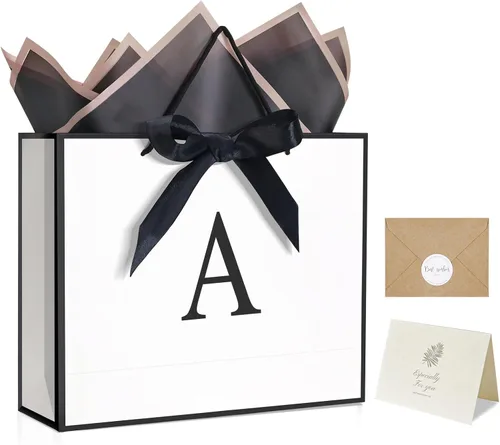 QLSKO - Bolsa de regalo con monograma personalizada, bolsa de papel con inicial personalizada con tarjeta, sobre a juego, cinta con lazo y papel de
