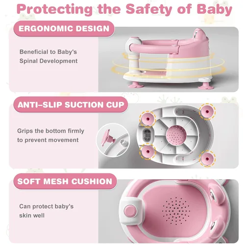 Miniatura 5 de Asiento de Baño para Bebés de 6 Meses y Más Asientos de Baño Antideslizantes para Niños Pequeños para Sentarse Silla de Bañera para Bebés con Rosa