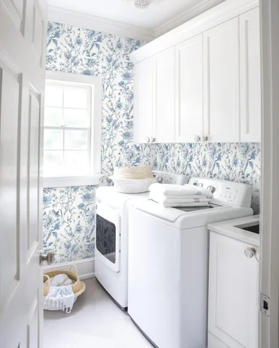 Miniatura 5 de Vinjiasin Papel tapiz autoadhesivo para despegar y pegar, papel de contacto floral azul moderno, papel de pared de loto para baño, dormitorio