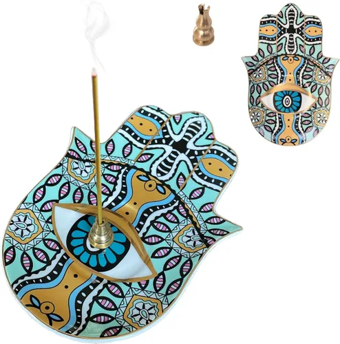 Miniatura 10 de Soporte de incienso de mano Hamsa de cerámica – Soporte de incienso de latón 2 en 1 para palos y bobinas de incienso – Decoración Zen con diseño