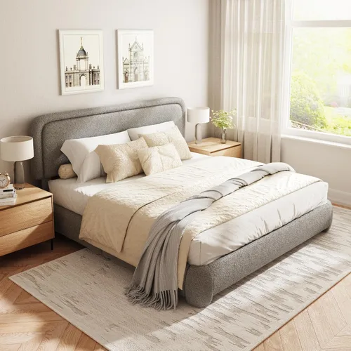 Miniatura 8 de Base de cama Boucle tamaño King, plataforma tapizada en nube con cabecero ajustable en altura y esquinas redondeadas suaves, no necesita somier, sin