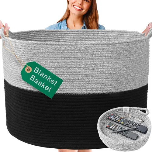 Miniatura 9 de Cesta grande lavable XXXL para manta de 85 litros, 2 unidades, hechas a mano, canastas tejidas decorativas para almacenamiento, suave y duradera