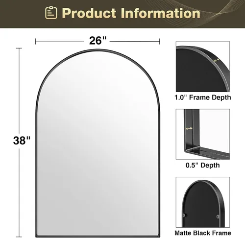 Miniatura 7 de Brightify Espejo Arqueado, Espejo de Pared de Arco Negro de 26 x 38 Pulgadas, Espejo de Baño Negro con Marco de Metal, Espejo de Tocador de Baño