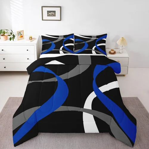 Miniatura 22 de Juego de edredón de rayas rojas y negras, juego de ropa de cama tamaño King con ondas circulares abstractas, geométrico, espiral, acolchado, 3 Multi