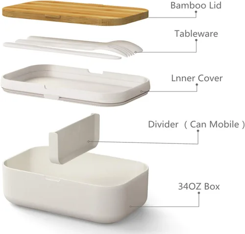 Miniatura 3 de Bento Box - Lonchera de bambú para adultos, a prueba de fugas, hermética, sin BPA, color blanco