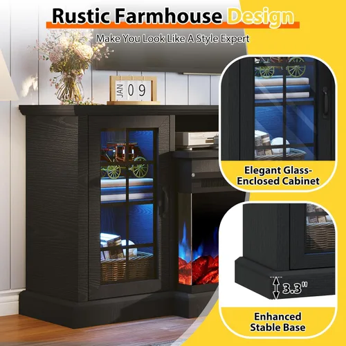 Miniatura 7 de Soporte de TV con chimenea de 59 pulgadas, mesa de consola central de entretenimiento de vidrio de 3 caras para televisores de hasta 65 pulgadas