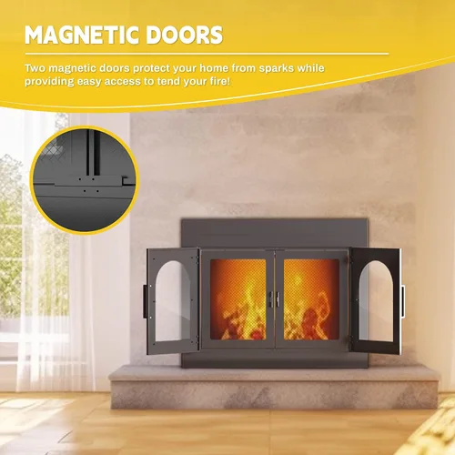 Miniatura 6 de TOCRETOARE Puerta de chimenea, puertas de lugares de fuego con pantalla y decoración de vidrio, protector de malla de hierro para chimeneas