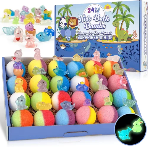 Bombas de baño para niños, 24 bombas de baño con sorpresa que brilla en la oscuridad en el interior, burbujas coloridas naturales y orgánicas para