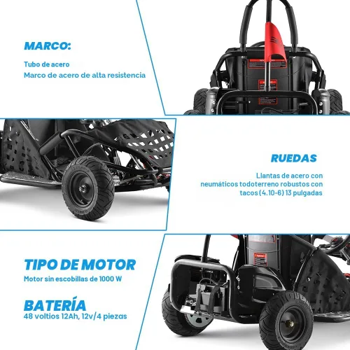 Miniatura 6 de Go Kart eléctrico, auto eléctrico de 48 V, marco tubular de acero, cinturón de seguridad, neumáticos todo terreno de 13 pulgadas, control de Negro