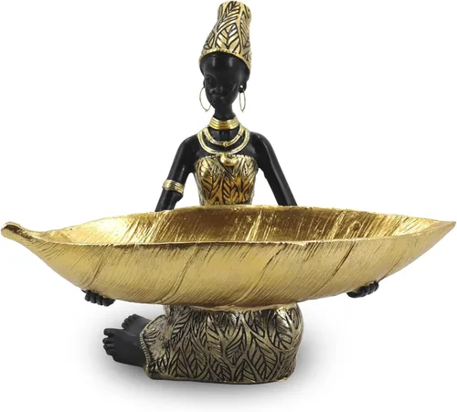 Miniatura 11 de Lescafita Escultura de mujer africana con cuenco de hoja de oro, figura de resina hecha a mano, estatua de arte tribal exótico para sala de estar