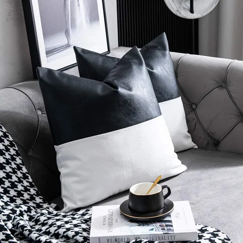 Miniatura 2 de DEZENE - Juego de 2 fundas de almohada decorativas de cuero sintético con 100% algodón para sofá, cama, decoración moderna del hogar, cuadradas