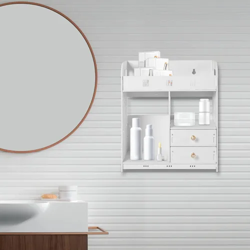 Miniatura 8 de Armario de baño, estante montado en la pared con cajón, estantes de madera para medicamentos, organizador de almacenamiento sobre el inodoro