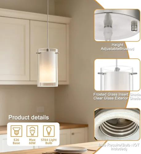 Miniatura 5 de AKEZON Lámpara colgante de 1 luz, lámpara de techo de vidrio para interiores, altura ajustable, acabado de níquel cepillado para cocina y comedor