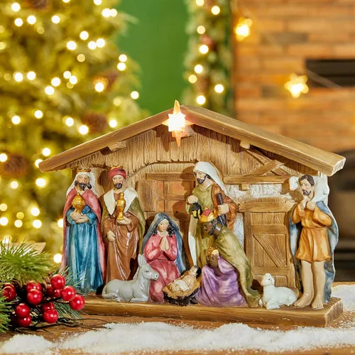 Miniatura 11 de Glitzhome Juego de 12 figuras de pesebre para Navidad en interiores, juego de belén cristiano de resina azul de lujo, adornos de mesa en miniatura