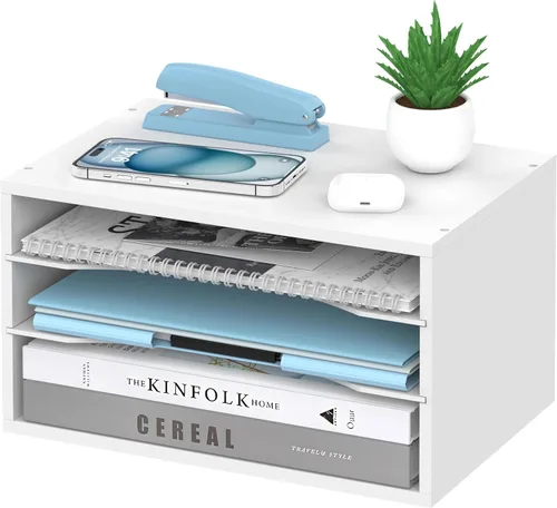 Miniatura 13 de Organizador de escritorio de madera de 5 niveles, organizador de bandeja de papel para escritorio con estantes de almacenamiento ajustables, Blanco