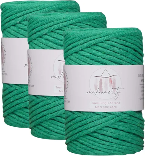 Miniatura 72 de Makromecity, Cordón de algodón para macramé de 1/8 pulgadas x 100 yardas (300 pies) Hilo de algodón verde crepé de 3 mm de un solo hilo para arte