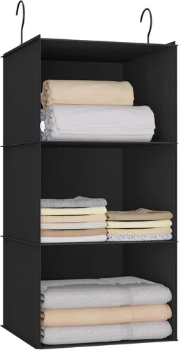 Organizador colgante de armario – 3 estantes, estantes de almacenamiento plegables de fácil montaje para ropa, bolsos, zapatos y accesorios – tela
