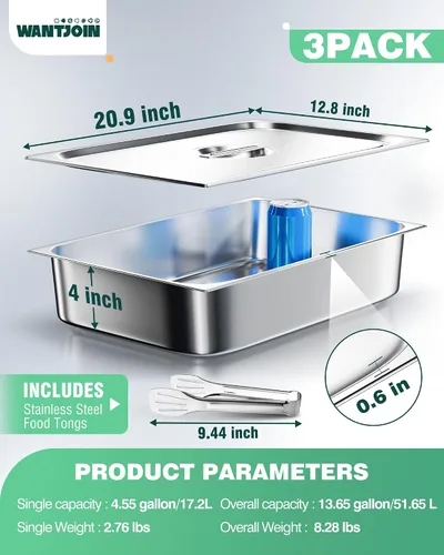 Miniatura 7 de WantJoin Recipientes Gastronómicos con Tapa 1/1 Tamaño Completo 4 Pulgadas de Profundidad Paquete de 3, Juegos de Bandejas de Metal de Acero