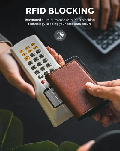 Miniatura 5 de VULKIT Tarjetero RFID Bloqueo de Cuero Automático Pop Up Cartera Aluminio Slim Pocket Tarjeta de Visita