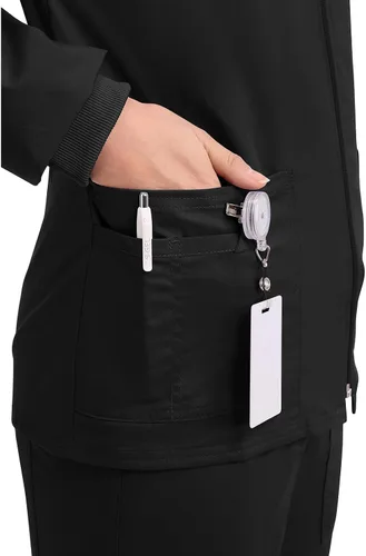 Miniatura 2 de Cherokee Chaqueta médica con cremallera frontal para mujer, 3 bolsillos, elástica en 2 direcciones, suave, transpirable, sarga cepillada, 4315