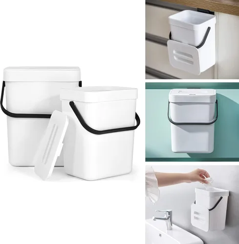 Domiella Paquete de 2 cubos de basura pequeños colgantes con tapa (1.3 + 0.8 galones), contenedor de compost de cocina para encimera o debajo del