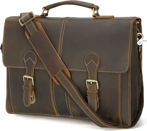 Polare - Bolsa de mensajero de cuero de grano completo de 16 pulgadas para computadora portátil, bolsa de trabajo profesional para hombres con