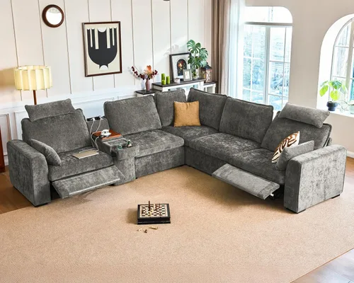 Sofá modular de gran tamaño con sillón reclinable de doble potencia, sofá reclinable en nube con reposacabezas, cajón de almacenamiento, portavasos