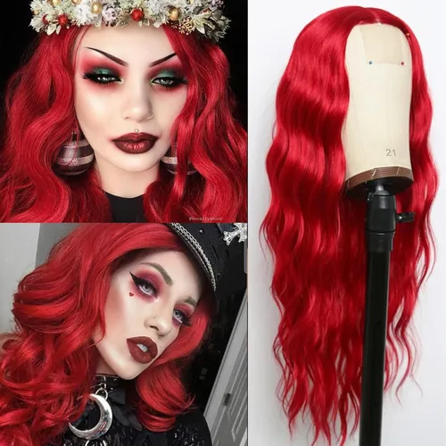 Miniatura 2 de Peluca de cabello sintético ondulado rojo con raya en el medio, peluca de encaje ondulado natural rojo de 24 pulgadas para mujer, para uso diario
