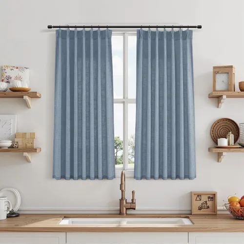 Miniatura 51 de Juego de 2 paneles de cortinas de ventana de cocina beige de 24 pulgadas de largo, con textura de lino, plisadas, filtrantes de luz, semi pequeñas