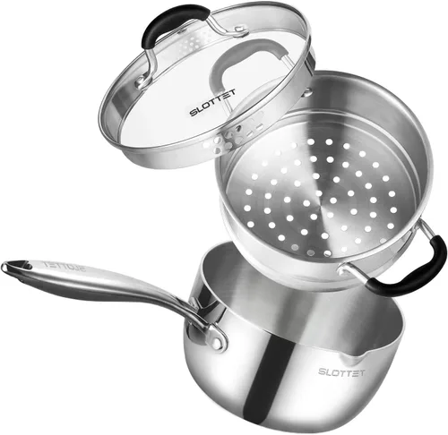 Miniatura 7 de SLOTTET - Cacerola de acero inoxidable tricapa enteramente recubierta con boquilla de vertido, olla pequeña multiusos de 1.5 cuartos con colador