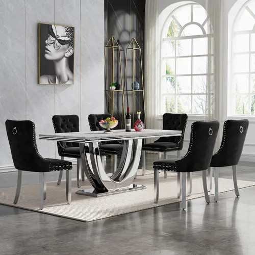 Miniatura 62 de Juego de mesa de comedor de mármol sintético, 7 piezas, juego de mesa de cocina y comedor para 6, mesa de comedor rectangular blanca de 70 pulgadas