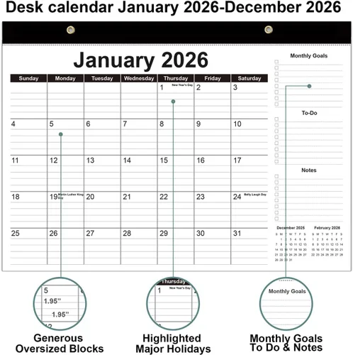 Miniatura 2 de Calendario de escritorio 2026-12 meses, de enero de 2026 a diciembre de 2026, calendario de escritorio 2026 con papel grueso, 12 x 17 pulgadas, Negro